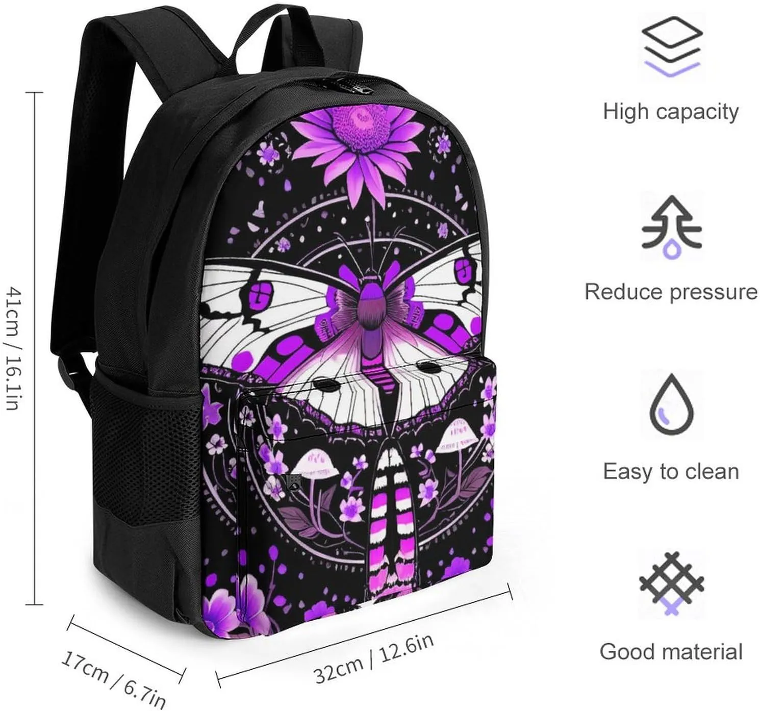 Polyester Daypack Backpack for Trekking Picnic Walking Cycling - Large Capacity Anti-Theft Multipurpose Shoulder Bag, Pink Moth Butterfly Floral Flowers Vintage Art Casual Daypack