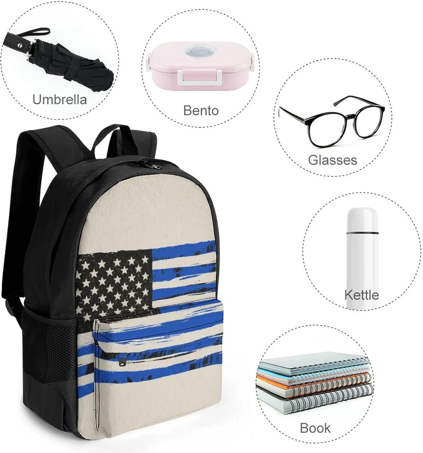 Polyester Daypack Backpack for Trekking Picnic Walking Cycling - Large Capacity Anti-Theft Multipurpose Shoulder Bag, Thin Blue Line American Flag Art Casual Daypack