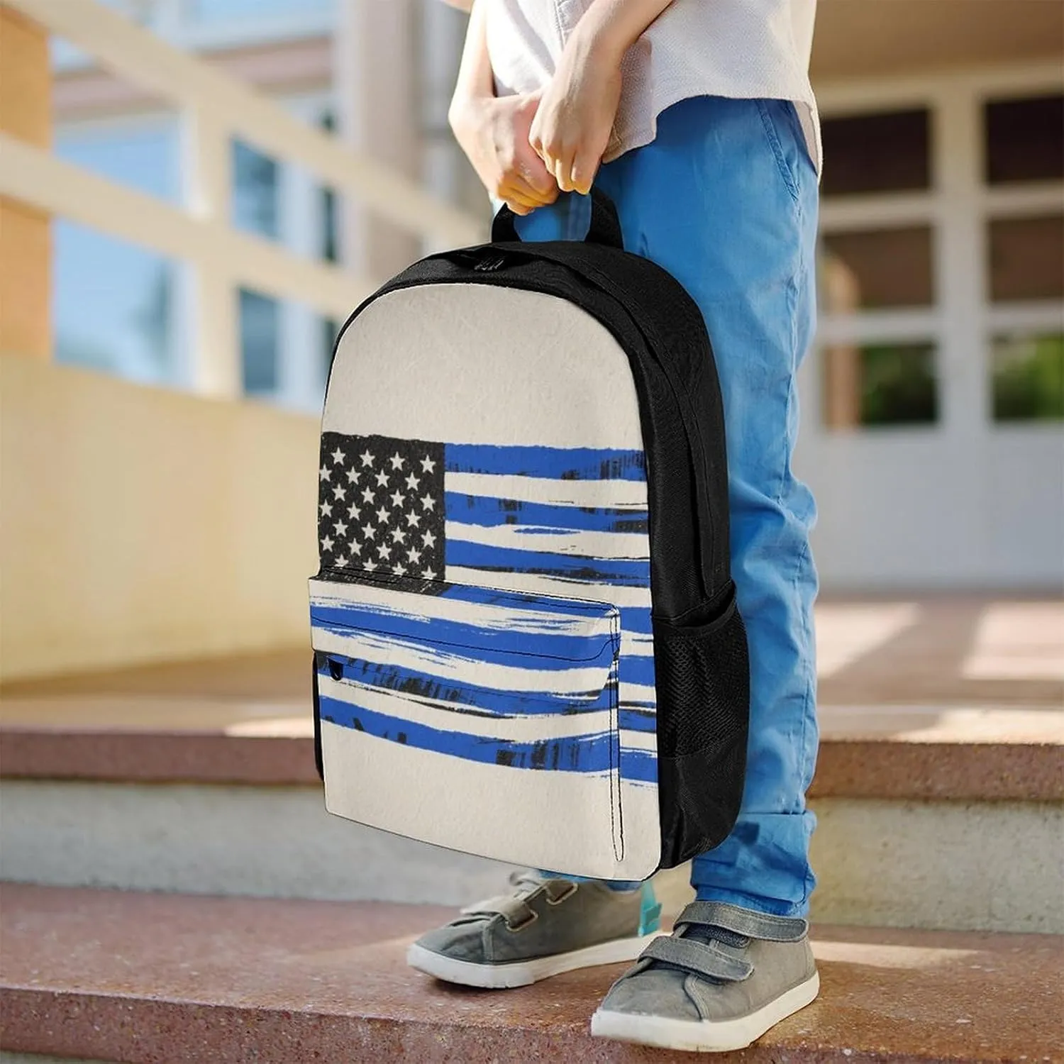 Polyester Daypack Backpack for Trekking Picnic Walking Cycling - Large Capacity Anti-Theft Multipurpose Shoulder Bag, Thin Blue Line American Flag Art Casual Daypack