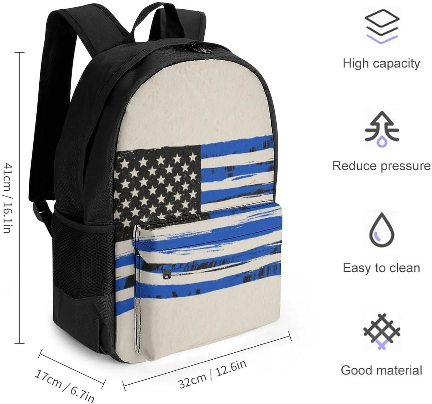 Polyester Daypack Backpack for Trekking Picnic Walking Cycling - Large Capacity Anti-Theft Multipurpose Shoulder Bag, Thin Blue Line American Flag Art Casual Daypack