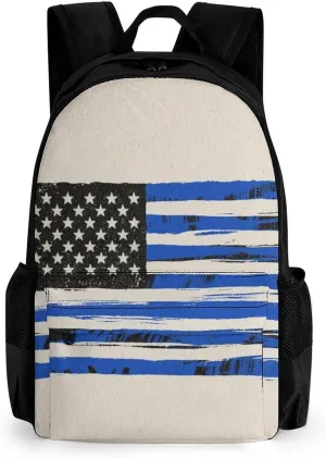 Polyester Daypack Backpack for Trekking Picnic Walking Cycling - Large Capacity Anti-Theft Multipurpose Shoulder Bag, Thin Blue Line American Flag Art Casual Daypack