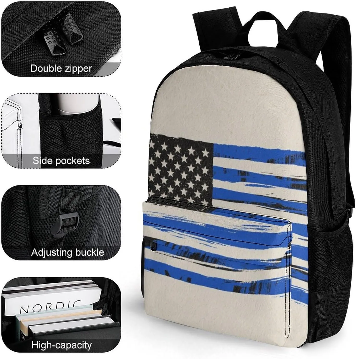 Polyester Daypack Backpack for Trekking Picnic Walking Cycling - Large Capacity Anti-Theft Multipurpose Shoulder Bag, Thin Blue Line American Flag Art Casual Daypack