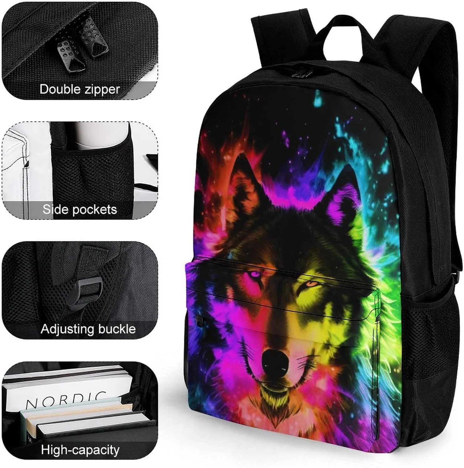 Polyester Daypack Backpack for Trekking Picnic Walking Cycling - Large Capacity Anti-Theft Multipurpose Shoulder Bag, Wolf Colorful Fire Splashes Art Casual Daypack