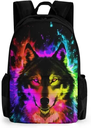 Polyester Daypack Backpack for Trekking Picnic Walking Cycling - Large Capacity Anti-Theft Multipurpose Shoulder Bag, Wolf Colorful Fire Splashes Art Casual Daypack