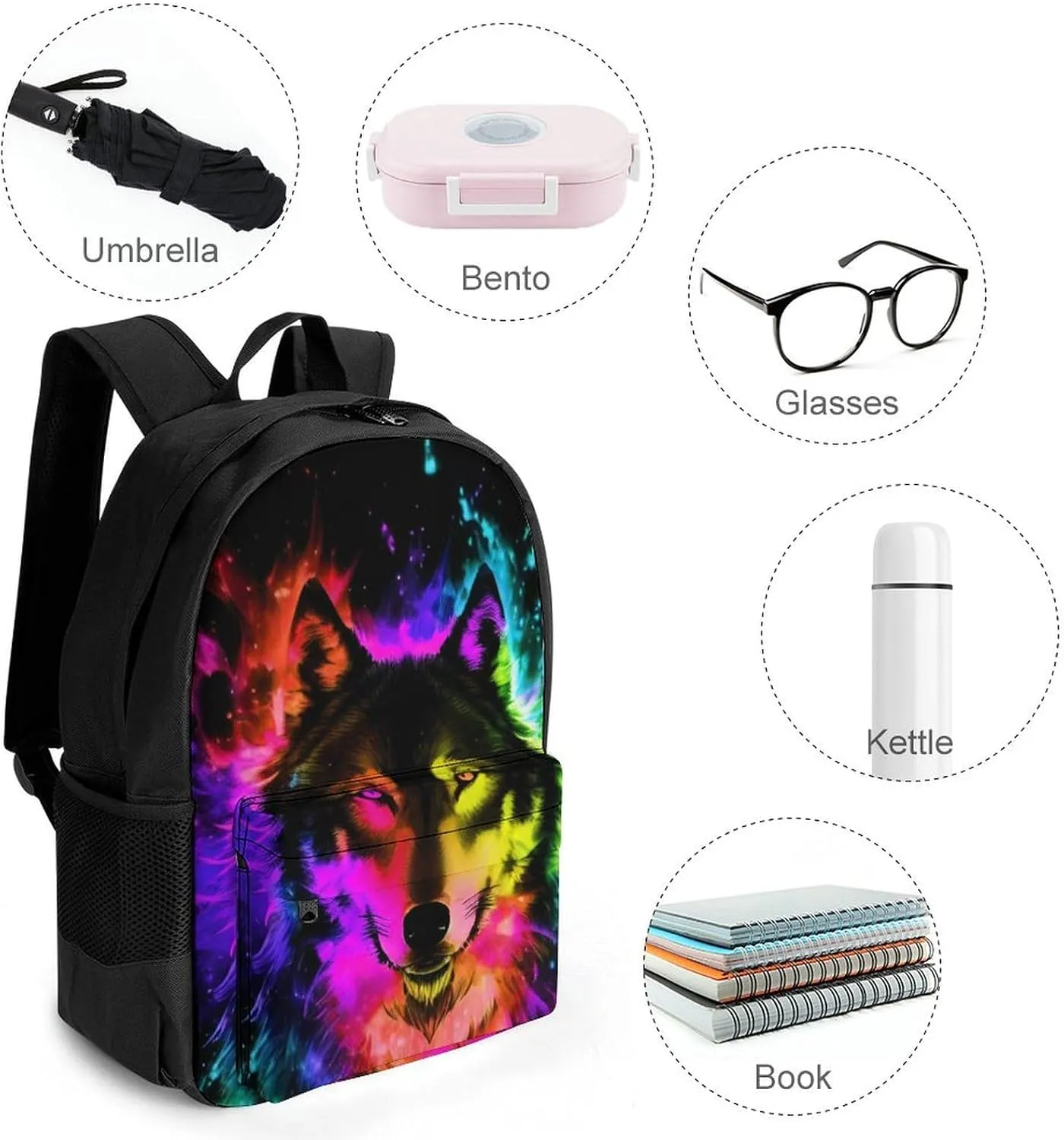 Polyester Daypack Backpack for Trekking Picnic Walking Cycling - Large Capacity Anti-Theft Multipurpose Shoulder Bag, Wolf Colorful Fire Splashes Art Casual Daypack