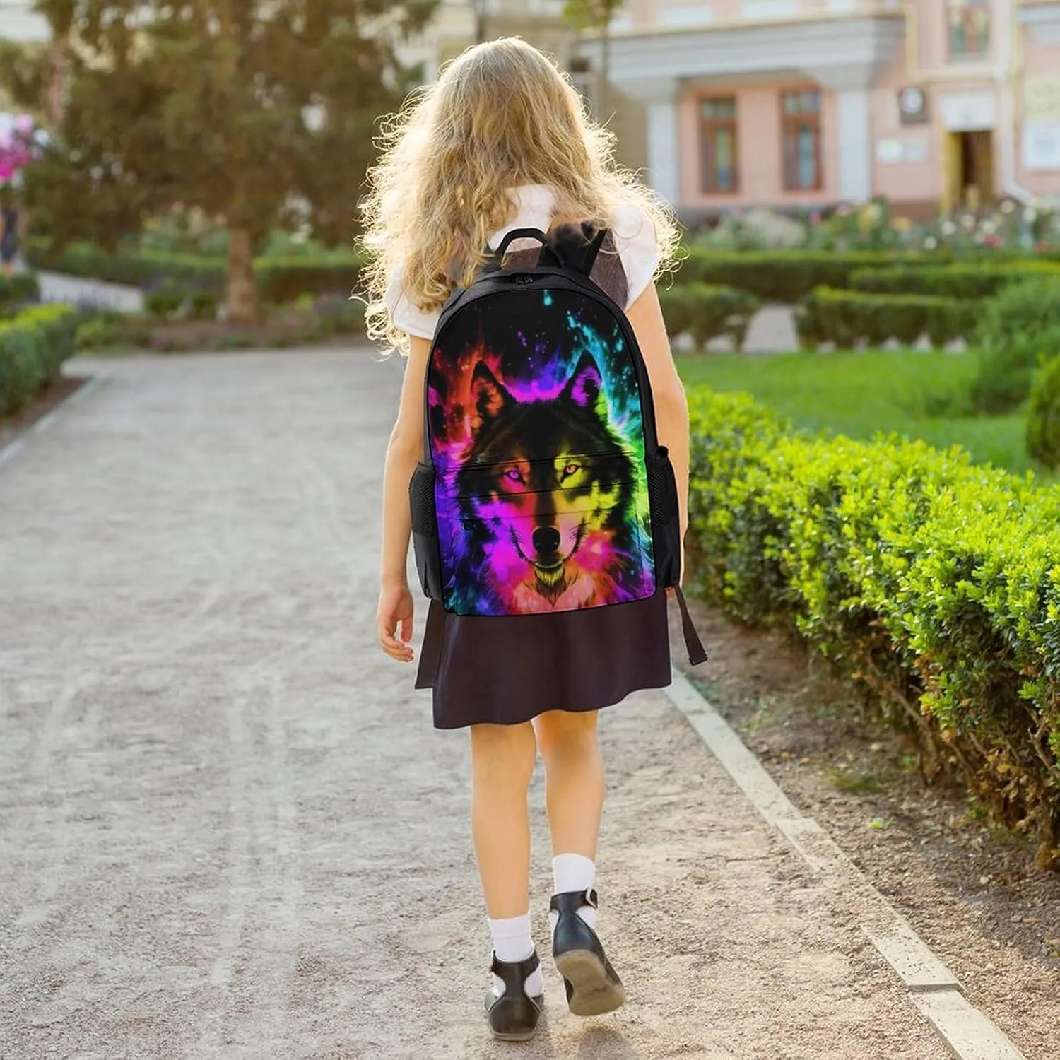 Polyester Daypack Backpack for Trekking Picnic Walking Cycling - Large Capacity Anti-Theft Multipurpose Shoulder Bag, Wolf Colorful Fire Splashes Art Casual Daypack