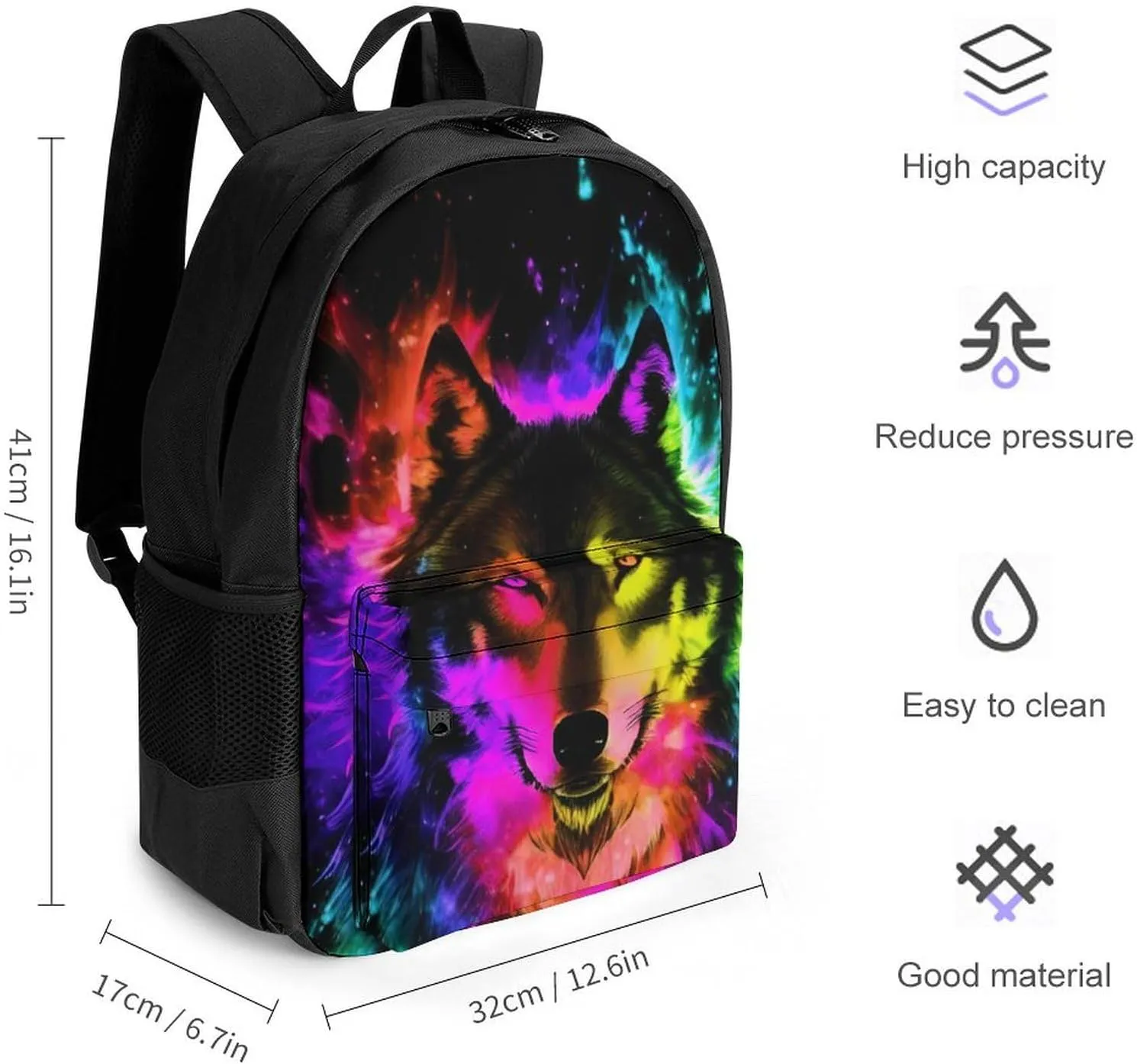 Polyester Daypack Backpack for Trekking Picnic Walking Cycling - Large Capacity Anti-Theft Multipurpose Shoulder Bag, Wolf Colorful Fire Splashes Art Casual Daypack
