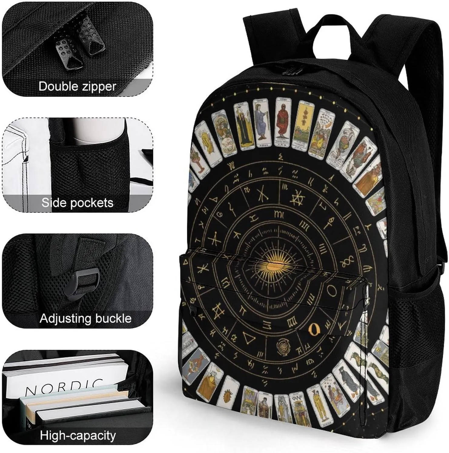 Polyester Daypack Bookbag for Gym Business Bicycle - Large Capacity Multipurpose Anti-Theft Carry On Bag, Astrology Tarot Original Art Travel Hiking Daypack
