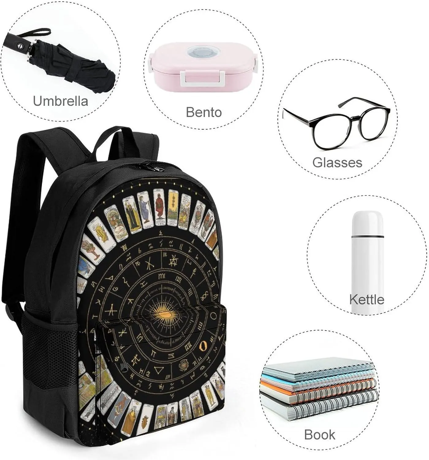 Polyester Daypack Bookbag for Gym Business Bicycle - Large Capacity Multipurpose Anti-Theft Carry On Bag, Astrology Tarot Original Art Travel Hiking Daypack