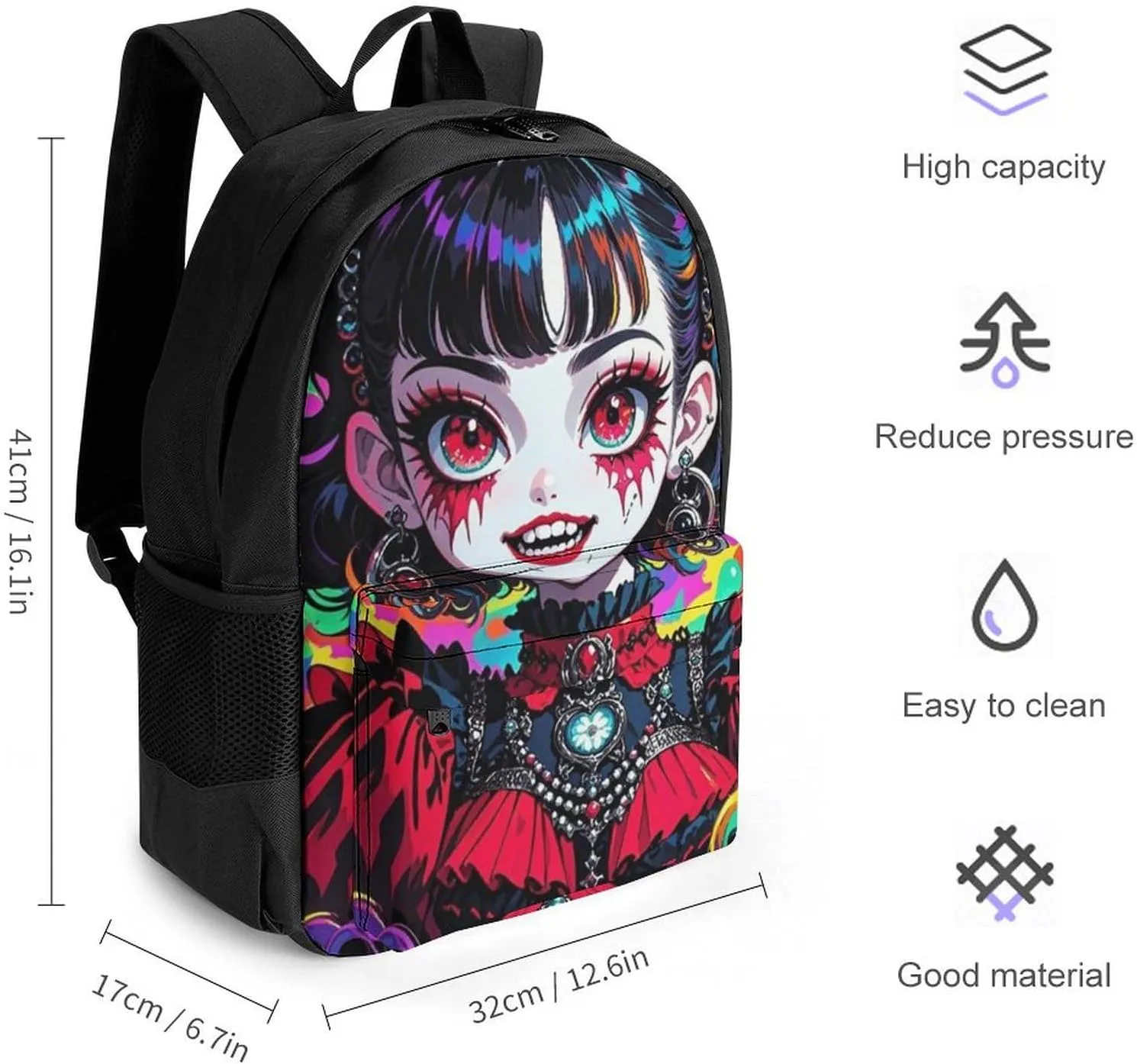Polyester Daypack Bookbag for Gym Business Bicycle - Large Capacity Multipurpose Anti-Theft Carry On Bag, Beautiful Women Gothic Woman Skull Neon Art Travel Hiking Daypack