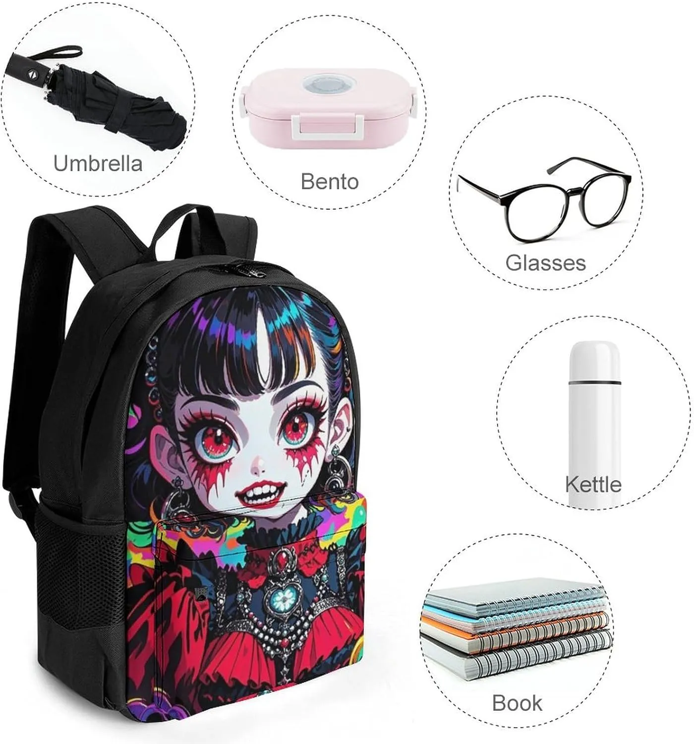 Polyester Daypack Bookbag for Gym Business Bicycle - Large Capacity Multipurpose Anti-Theft Carry On Bag, Beautiful Women Gothic Woman Skull Neon Art Travel Hiking Daypack