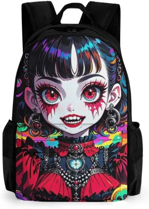 Polyester Daypack Bookbag for Gym Business Bicycle - Large Capacity Multipurpose Anti-Theft Carry On Bag, Beautiful Women Gothic Woman Skull Neon Art Travel Hiking Daypack