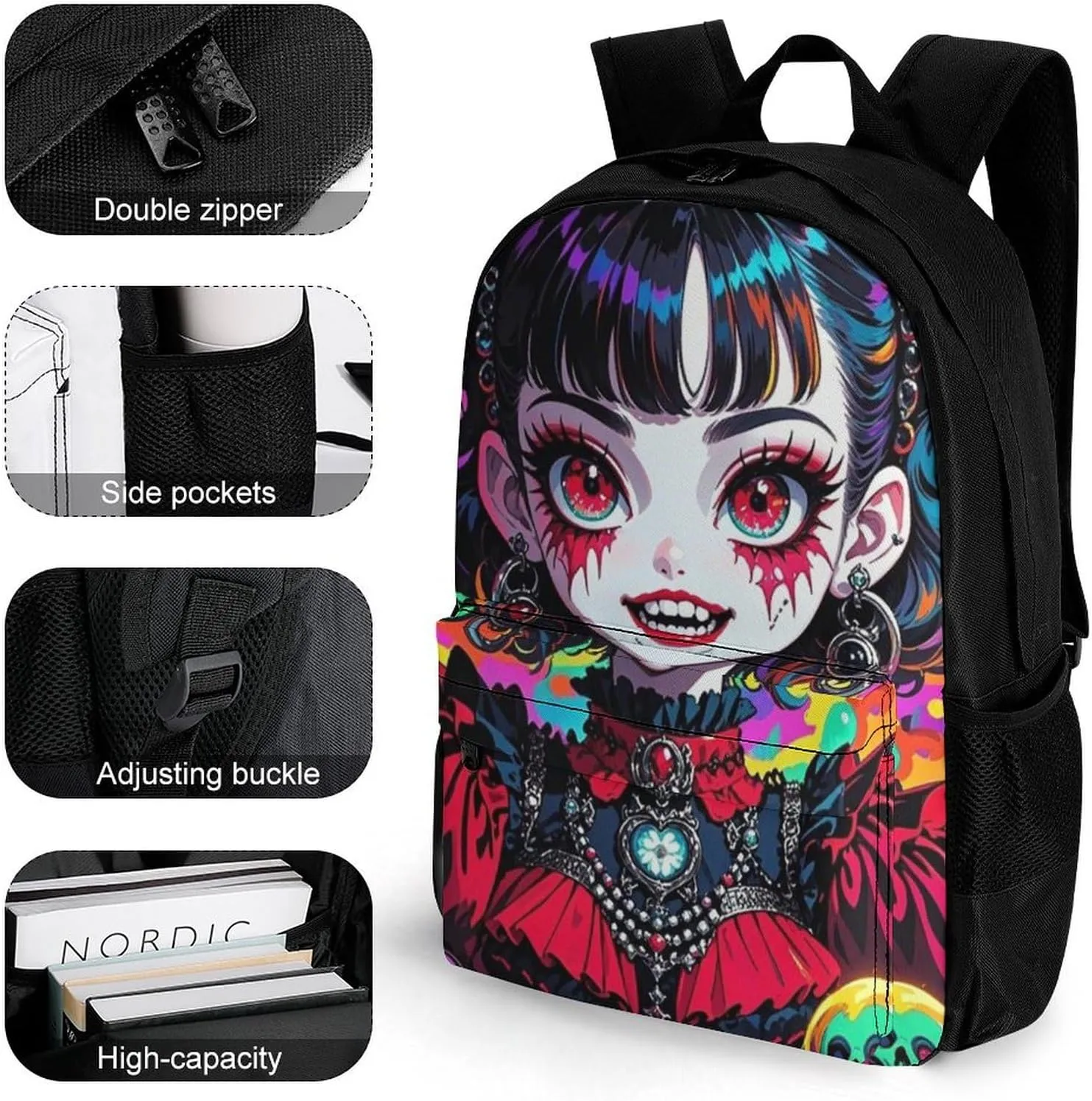 Polyester Daypack Bookbag for Gym Business Bicycle - Large Capacity Multipurpose Anti-Theft Carry On Bag, Beautiful Women Gothic Woman Skull Neon Art Travel Hiking Daypack
