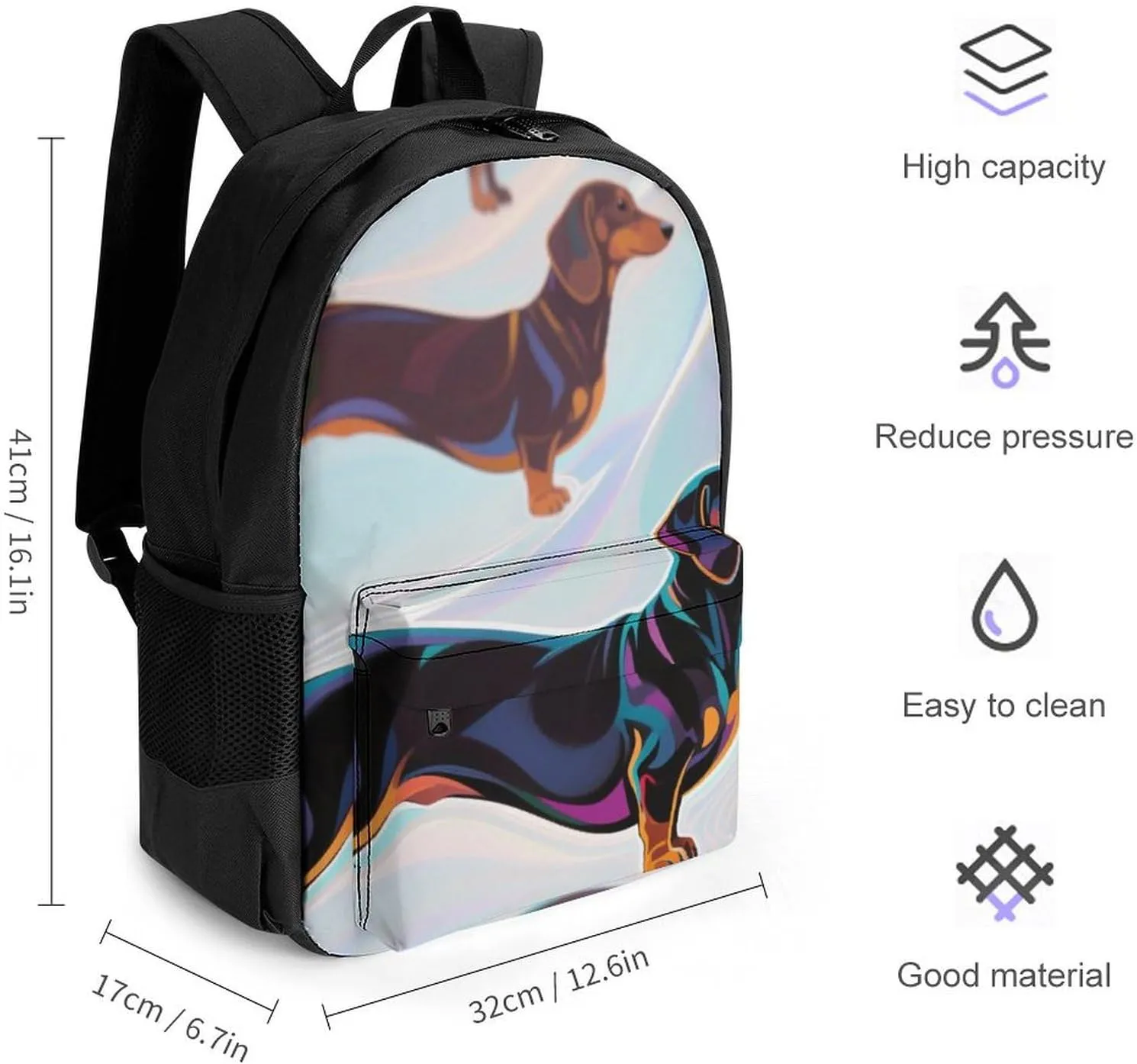 Polyester Daypack Bookbag for Gym Business Bicycle - Large Capacity Multipurpose Anti-Theft Carry On Bag, Cartoon Dachshund Weiner Dog Pet Art Travel Hiking Daypack