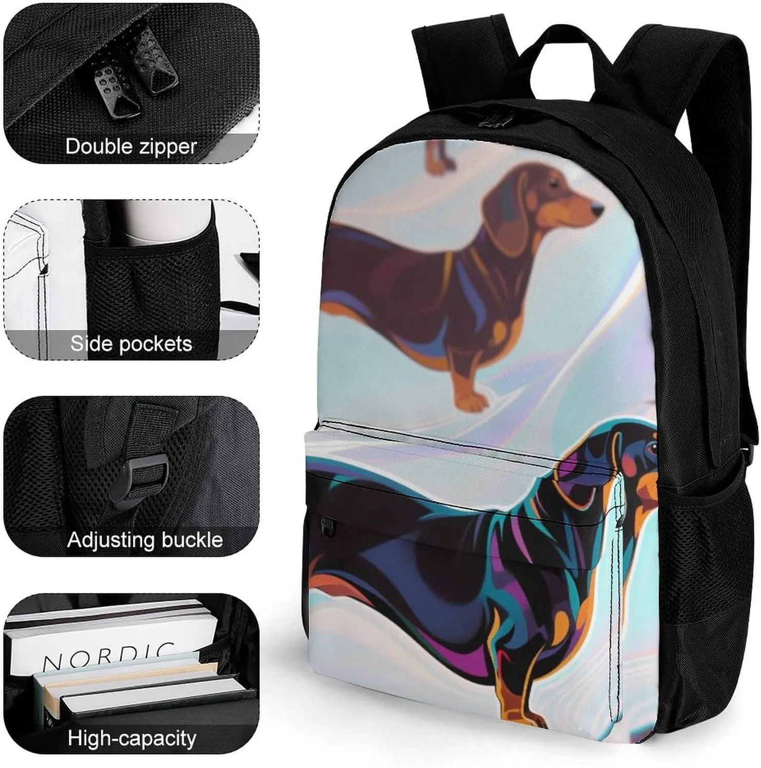Polyester Daypack Bookbag for Gym Business Bicycle - Large Capacity Multipurpose Anti-Theft Carry On Bag, Cartoon Dachshund Weiner Dog Pet Art Travel Hiking Daypack