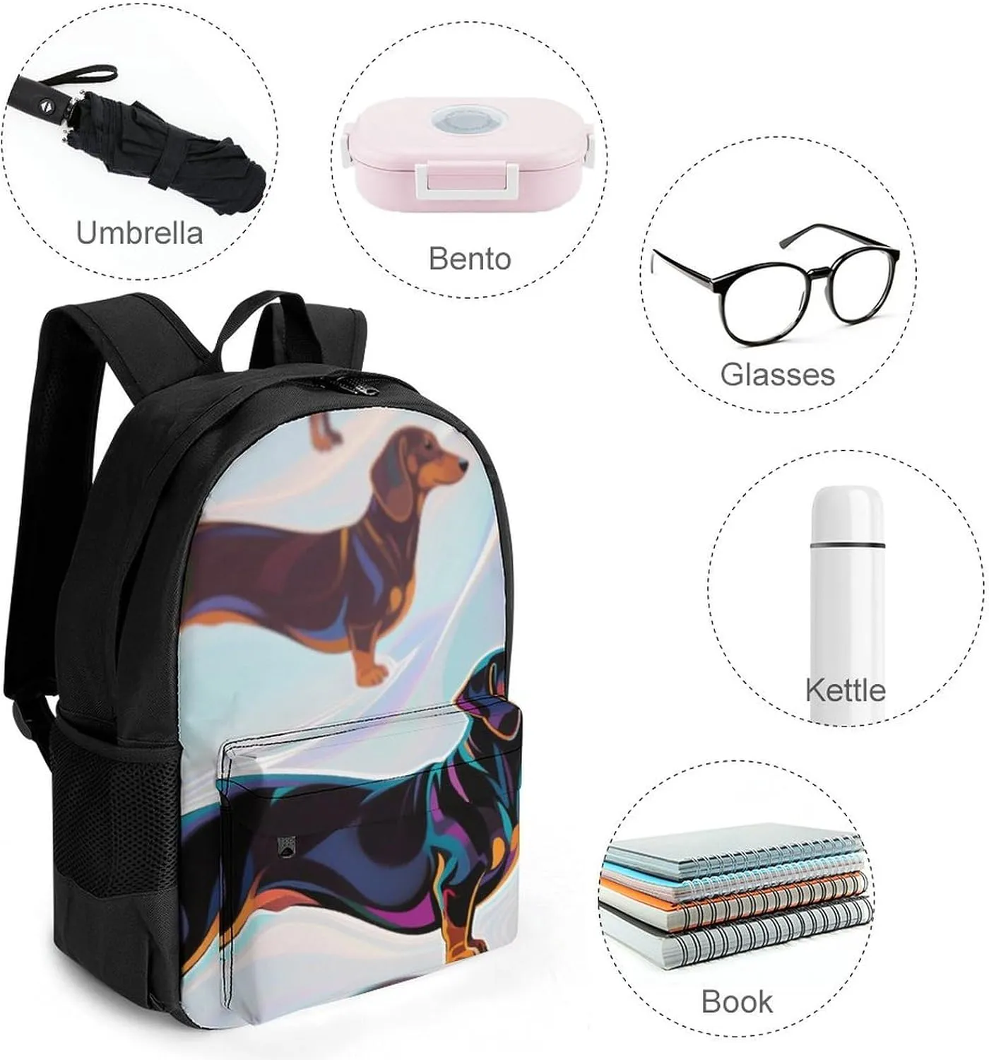 Polyester Daypack Bookbag for Gym Business Bicycle - Large Capacity Multipurpose Anti-Theft Carry On Bag, Cartoon Dachshund Weiner Dog Pet Art Travel Hiking Daypack