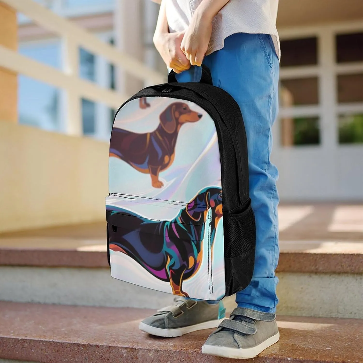 Polyester Daypack Bookbag for Gym Business Bicycle - Large Capacity Multipurpose Anti-Theft Carry On Bag, Cartoon Dachshund Weiner Dog Pet Art Travel Hiking Daypack