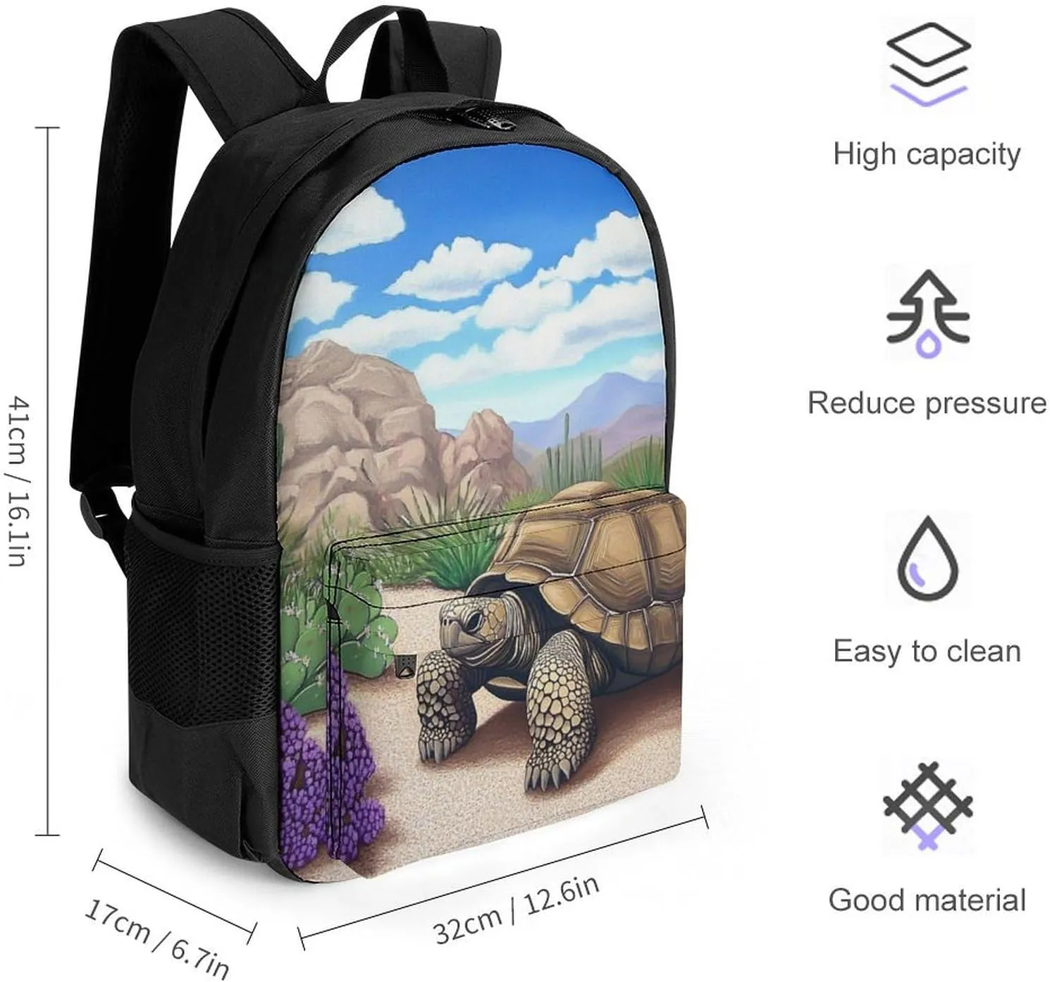 Polyester Daypack Bookbag for Gym Business Bicycle - Large Capacity Multipurpose Anti-Theft Carry On Bag, Desert Tortoise Cactus Travel Hiking Daypack