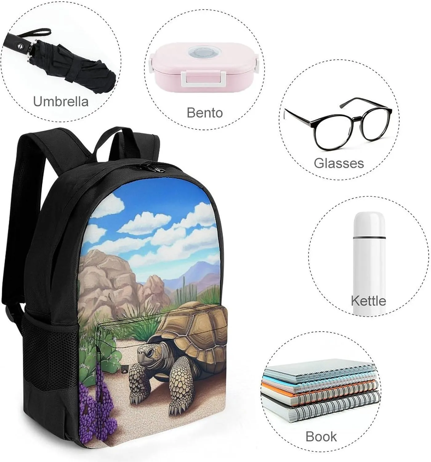 Polyester Daypack Bookbag for Gym Business Bicycle - Large Capacity Multipurpose Anti-Theft Carry On Bag, Desert Tortoise Cactus Travel Hiking Daypack