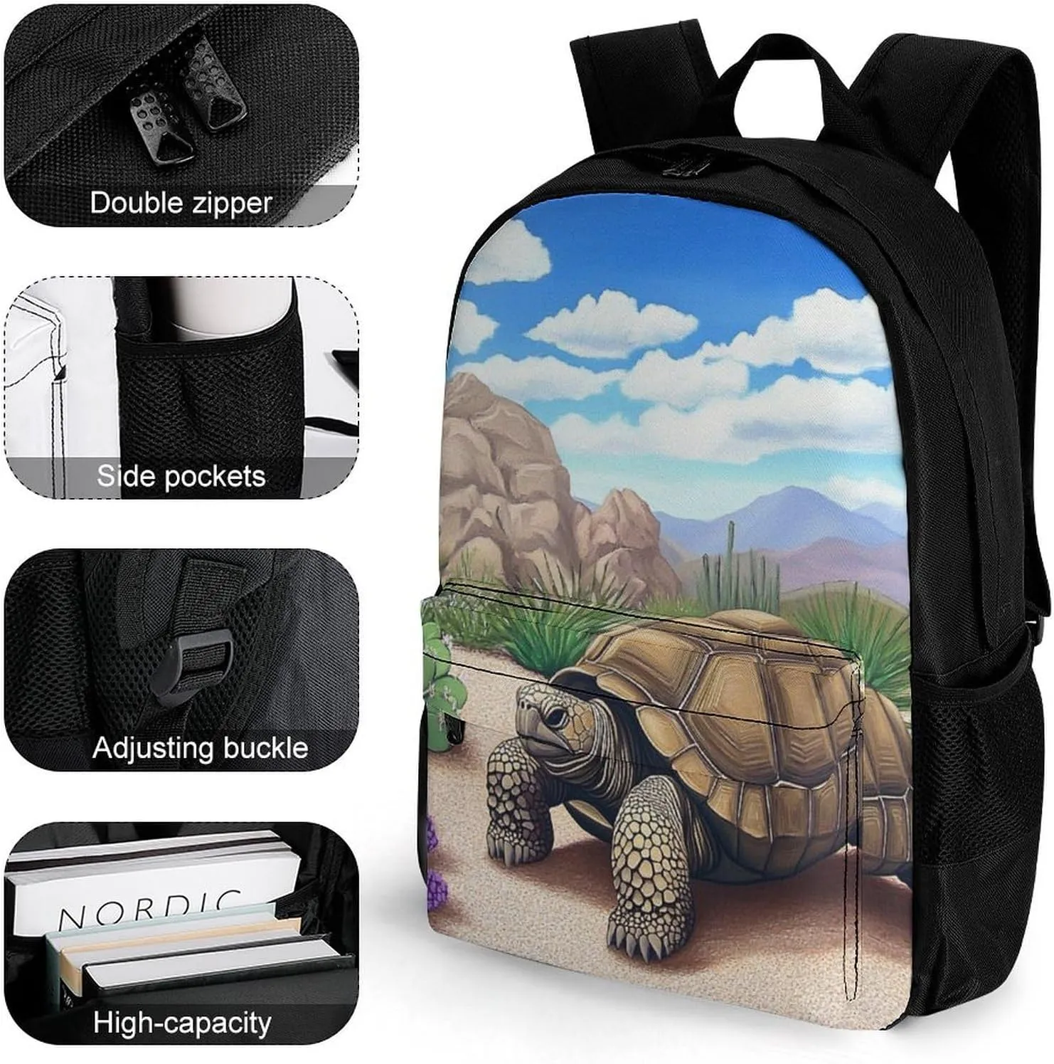 Polyester Daypack Bookbag for Gym Business Bicycle - Large Capacity Multipurpose Anti-Theft Carry On Bag, Desert Tortoise Cactus Travel Hiking Daypack
