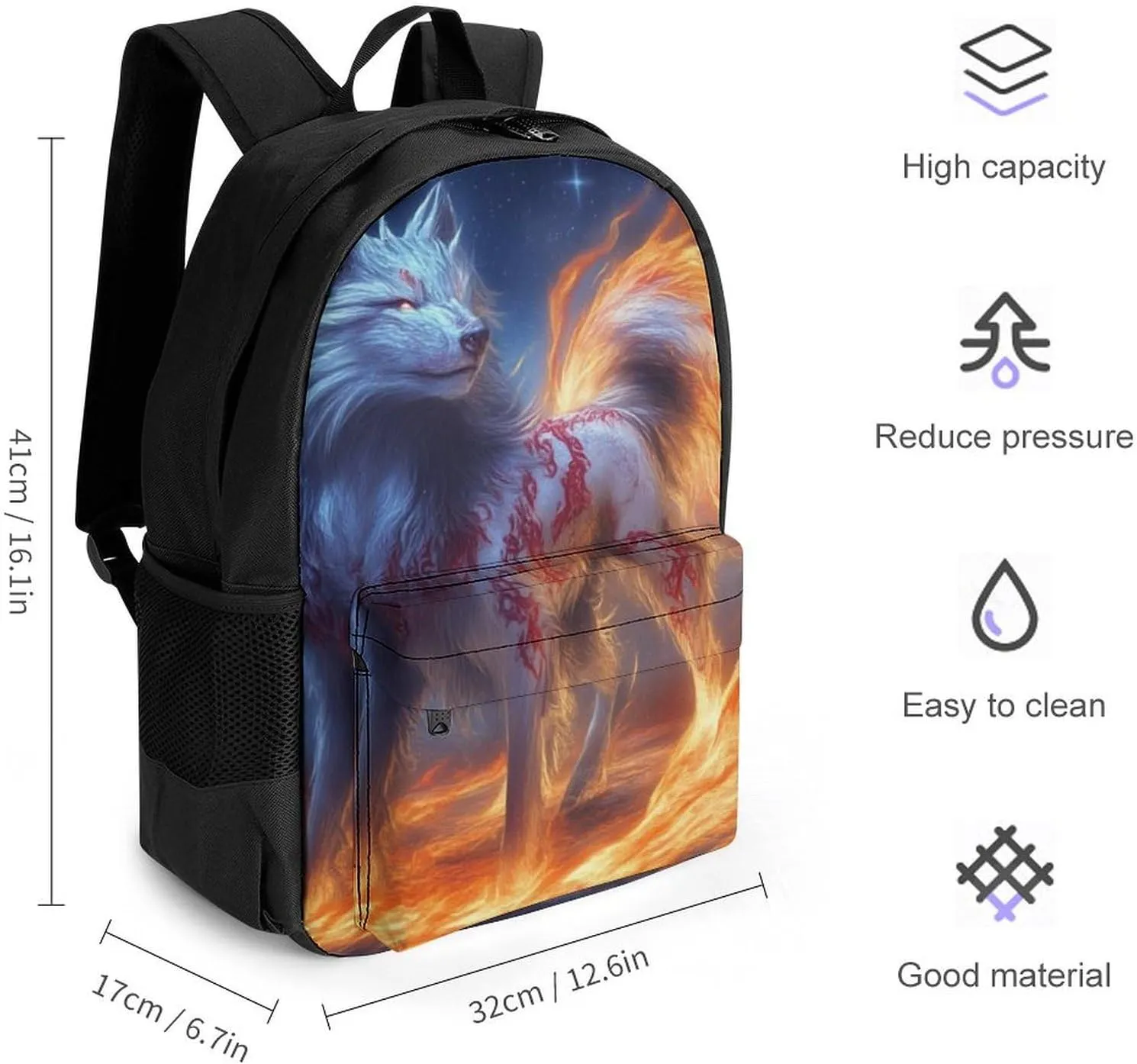 Polyester Daypack Bookbag for Gym Business Bicycle - Large Capacity Multipurpose Anti-Theft Carry On Bag, Flame Fire Cool Wolf Art Travel Hiking Daypack