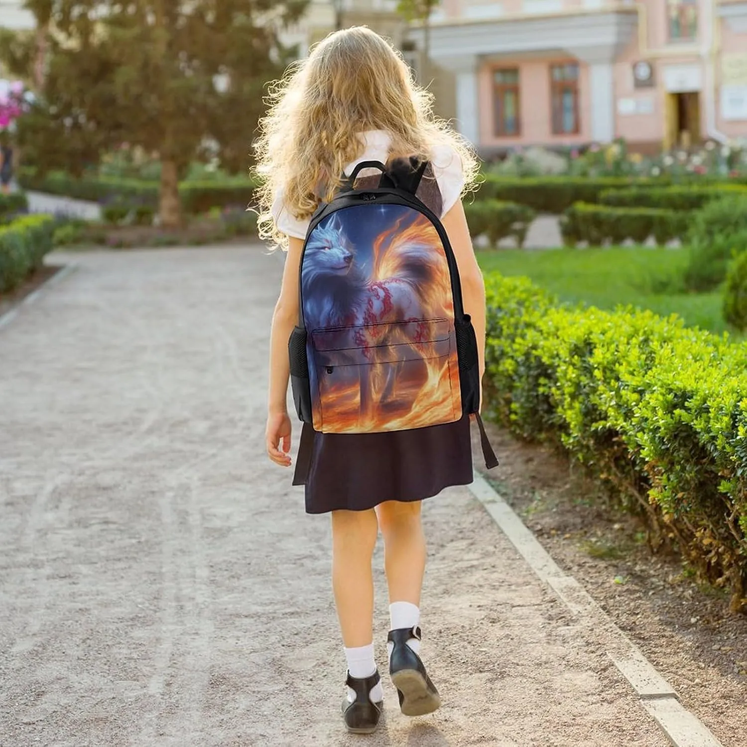 Polyester Daypack Bookbag for Gym Business Bicycle - Large Capacity Multipurpose Anti-Theft Carry On Bag, Flame Fire Cool Wolf Art Travel Hiking Daypack