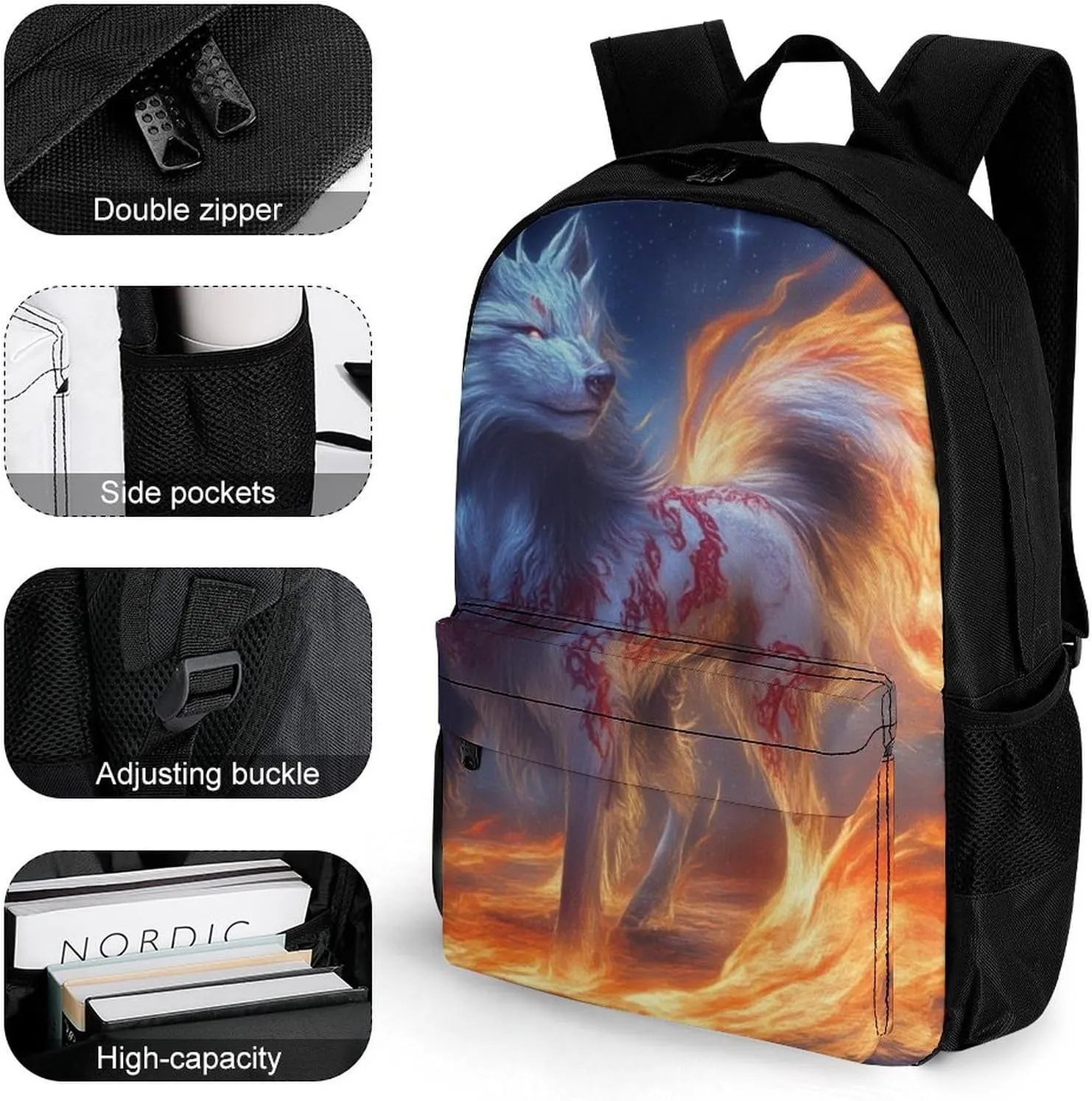 Polyester Daypack Bookbag for Gym Business Bicycle - Large Capacity Multipurpose Anti-Theft Carry On Bag, Flame Fire Cool Wolf Art Travel Hiking Daypack