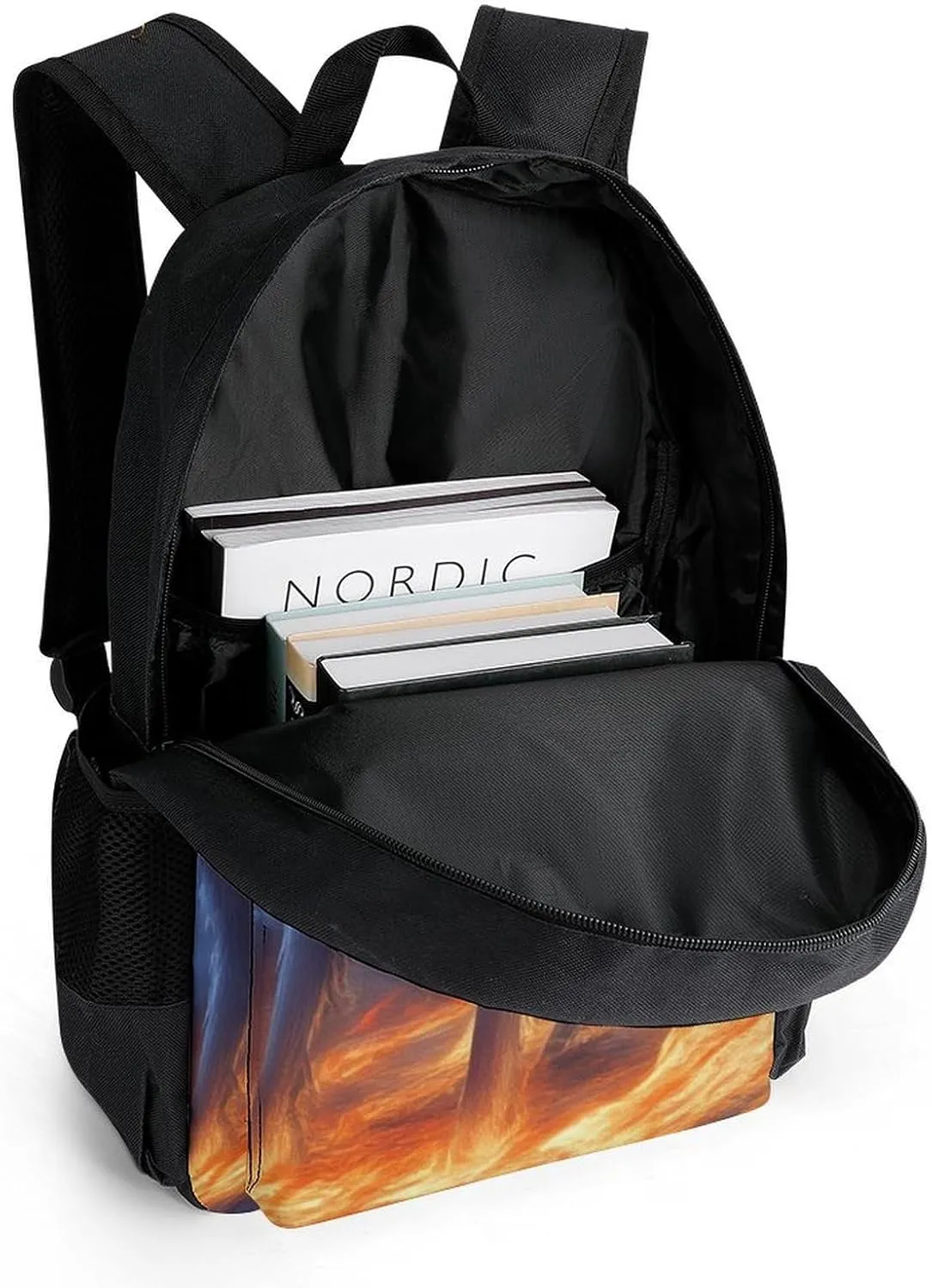 Polyester Daypack Bookbag for Gym Business Bicycle - Large Capacity Multipurpose Anti-Theft Carry On Bag, Flame Fire Cool Wolf Art Travel Hiking Daypack