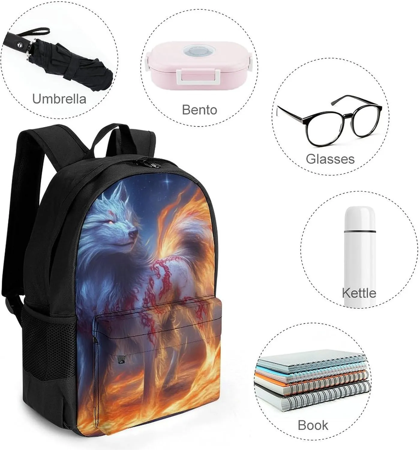 Polyester Daypack Bookbag for Gym Business Bicycle - Large Capacity Multipurpose Anti-Theft Carry On Bag, Flame Fire Cool Wolf Art Travel Hiking Daypack