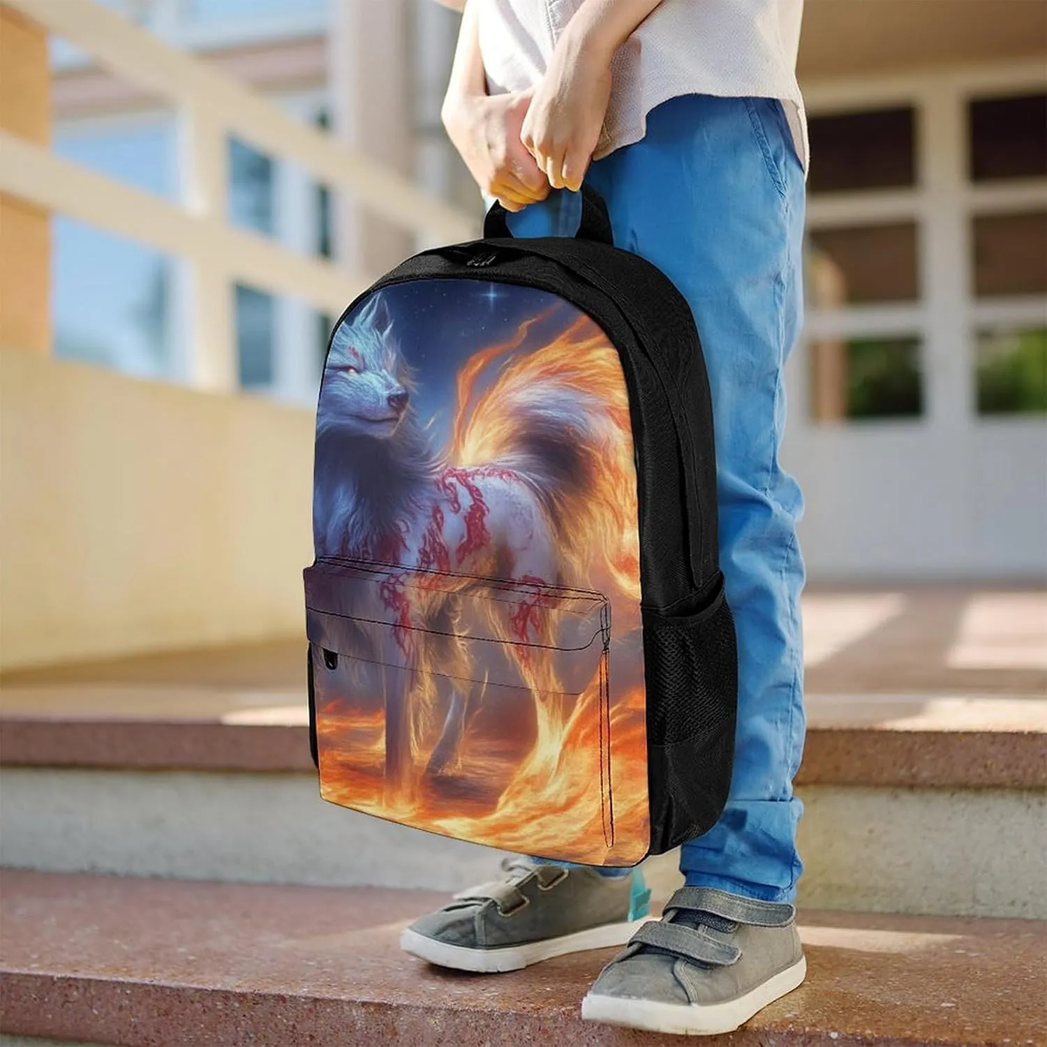 Polyester Daypack Bookbag for Gym Business Bicycle - Large Capacity Multipurpose Anti-Theft Carry On Bag, Flame Fire Cool Wolf Art Travel Hiking Daypack