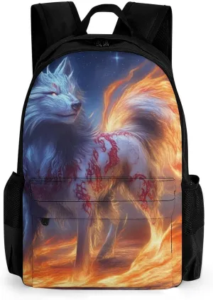 Polyester Daypack Bookbag for Gym Business Bicycle - Large Capacity Multipurpose Anti-Theft Carry On Bag, Flame Fire Cool Wolf Art Travel Hiking Daypack
