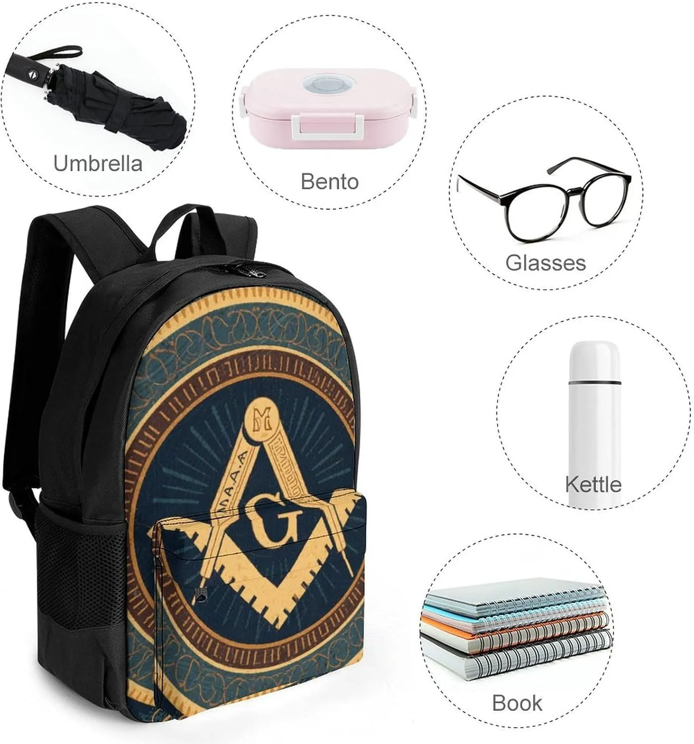 Polyester Daypack Bookbag for Gym Business Bicycle - Large Capacity Multipurpose Anti-Theft Carry On Bag, Gold Freemason Freemasonry Masonic Art Travel Hiking Daypack