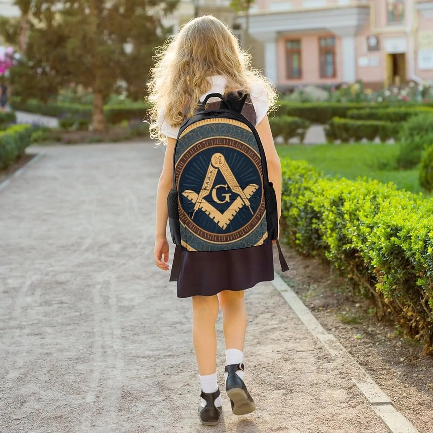 Polyester Daypack Bookbag for Gym Business Bicycle - Large Capacity Multipurpose Anti-Theft Carry On Bag, Gold Freemason Freemasonry Masonic Art Travel Hiking Daypack