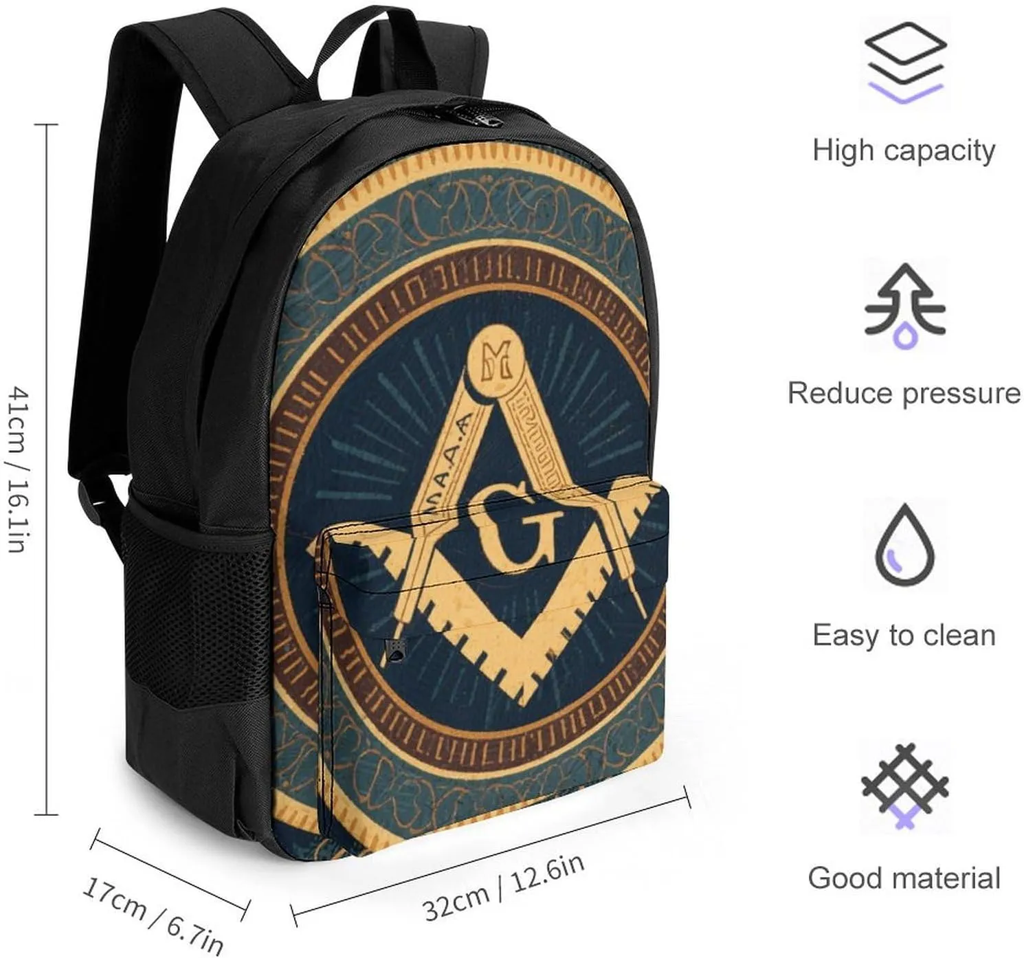 Polyester Daypack Bookbag for Gym Business Bicycle - Large Capacity Multipurpose Anti-Theft Carry On Bag, Gold Freemason Freemasonry Masonic Art Travel Hiking Daypack