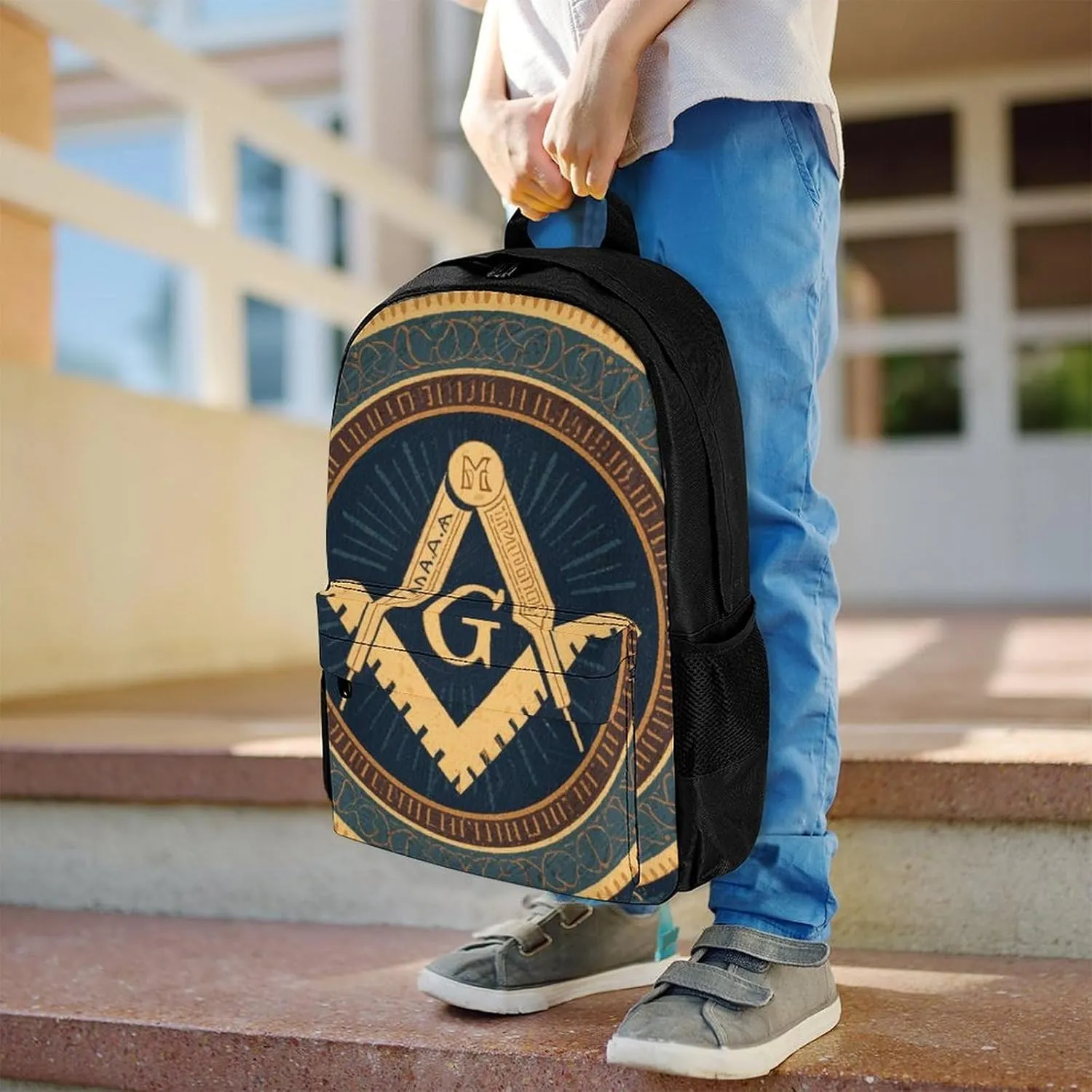 Polyester Daypack Bookbag for Gym Business Bicycle - Large Capacity Multipurpose Anti-Theft Carry On Bag, Gold Freemason Freemasonry Masonic Art Travel Hiking Daypack