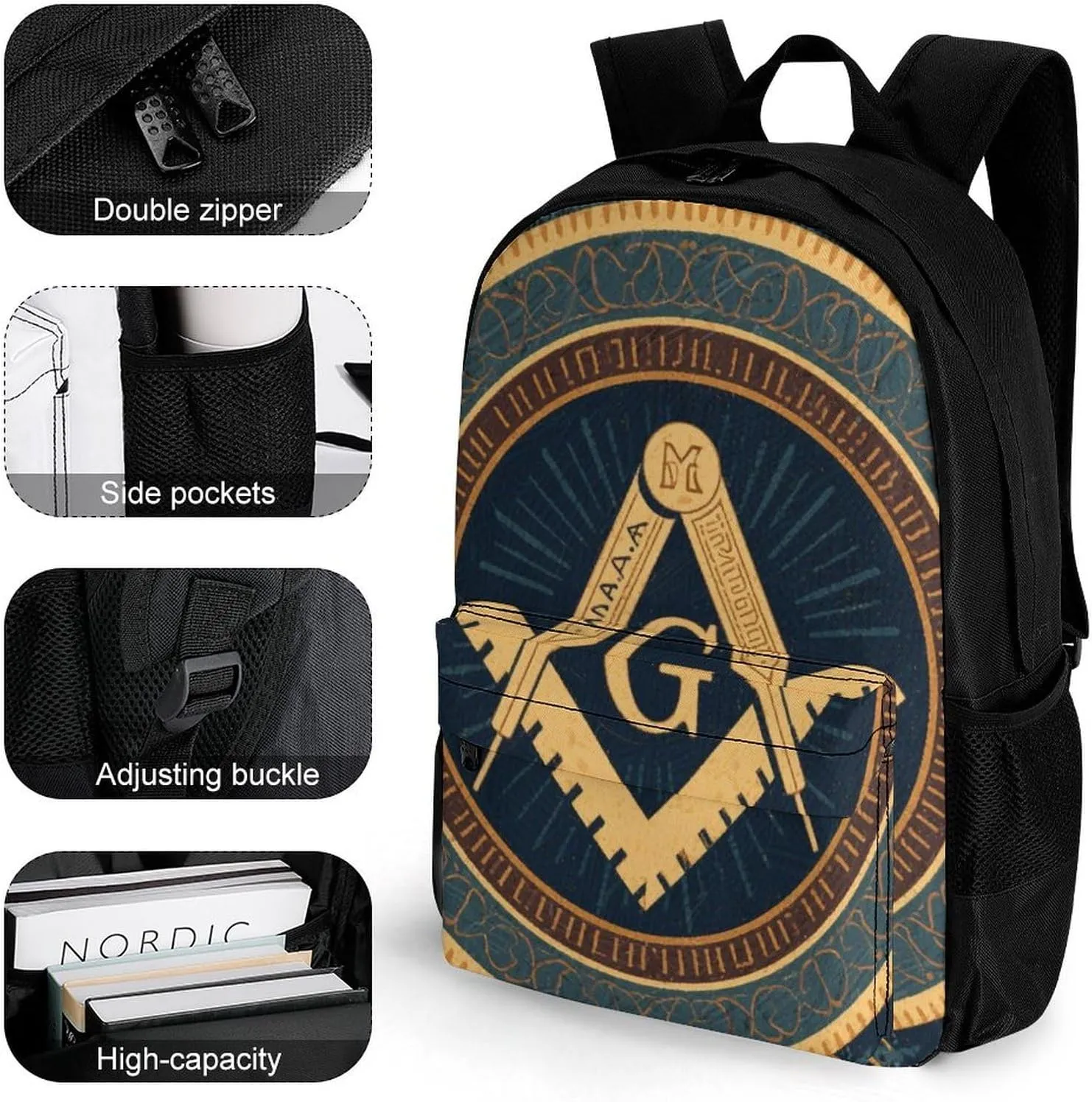 Polyester Daypack Bookbag for Gym Business Bicycle - Large Capacity Multipurpose Anti-Theft Carry On Bag, Gold Freemason Freemasonry Masonic Art Travel Hiking Daypack