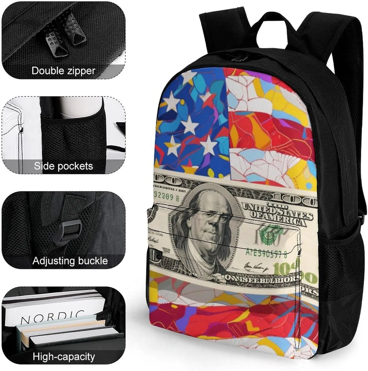 Polyester Daypack for Camping Travel Walking Cycling - Big Capacity Anti-Theft Multipurpose Bookbag, American Flag Money Colorful Bill Dollars Art Camping Outdoor Backpack