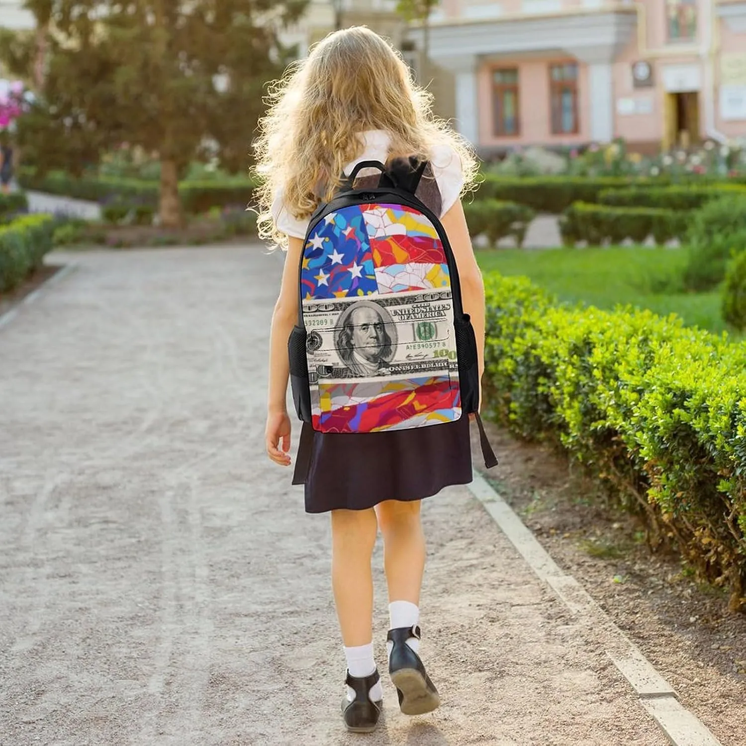 Polyester Daypack for Camping Travel Walking Cycling - Big Capacity Anti-Theft Multipurpose Bookbag, American Flag Money Colorful Bill Dollars Art Camping Outdoor Backpack