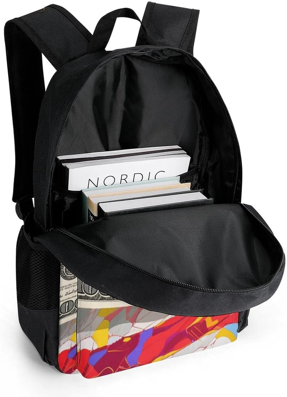 Polyester Daypack for Camping Travel Walking Cycling - Big Capacity Anti-Theft Multipurpose Bookbag, American Flag Money Colorful Bill Dollars Art Camping Outdoor Backpack