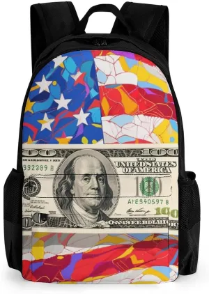Polyester Daypack for Camping Travel Walking Cycling - Big Capacity Anti-Theft Multipurpose Bookbag, American Flag Money Colorful Bill Dollars Art Camping Outdoor Backpack