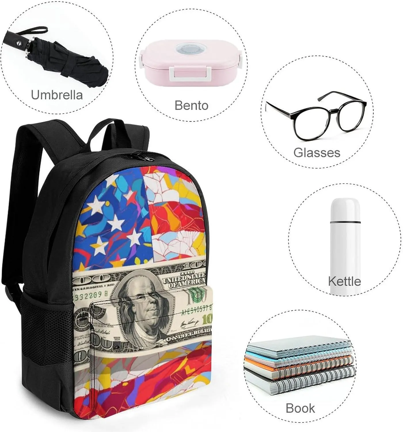 Polyester Daypack for Camping Travel Walking Cycling - Big Capacity Anti-Theft Multipurpose Bookbag, American Flag Money Colorful Bill Dollars Art Camping Outdoor Backpack