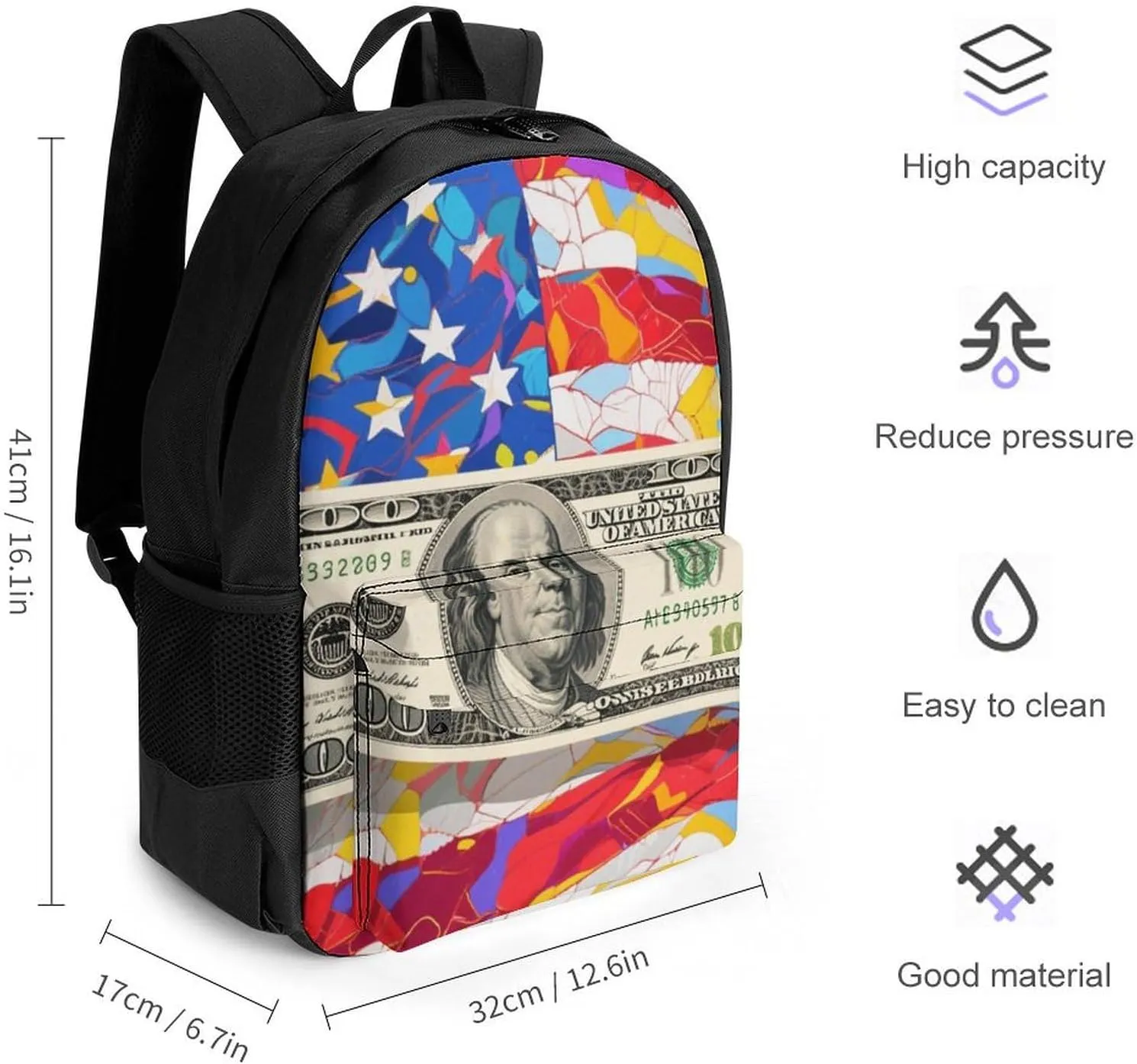 Polyester Daypack for Camping Travel Walking Cycling - Big Capacity Anti-Theft Multipurpose Bookbag, American Flag Money Colorful Bill Dollars Art Camping Outdoor Backpack