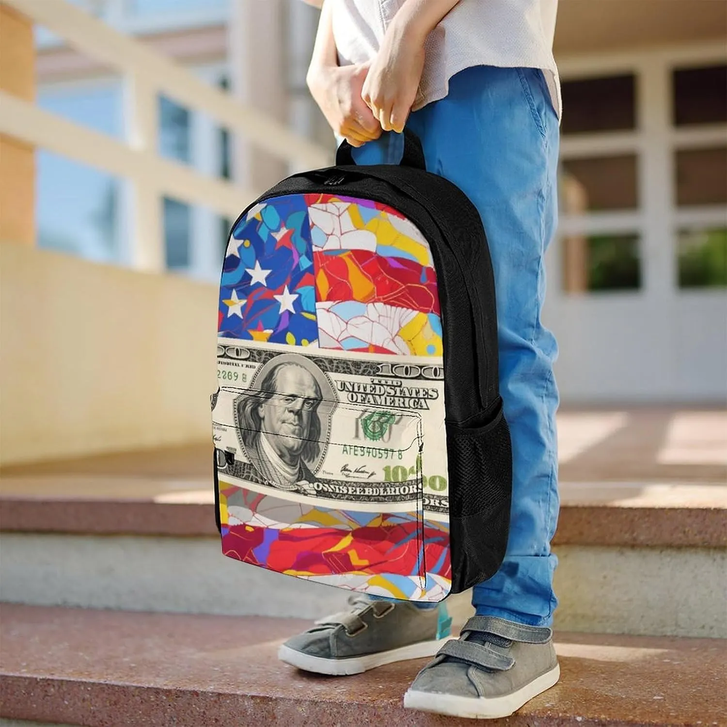 Polyester Daypack for Camping Travel Walking Cycling - Big Capacity Anti-Theft Multipurpose Bookbag, American Flag Money Colorful Bill Dollars Art Camping Outdoor Backpack