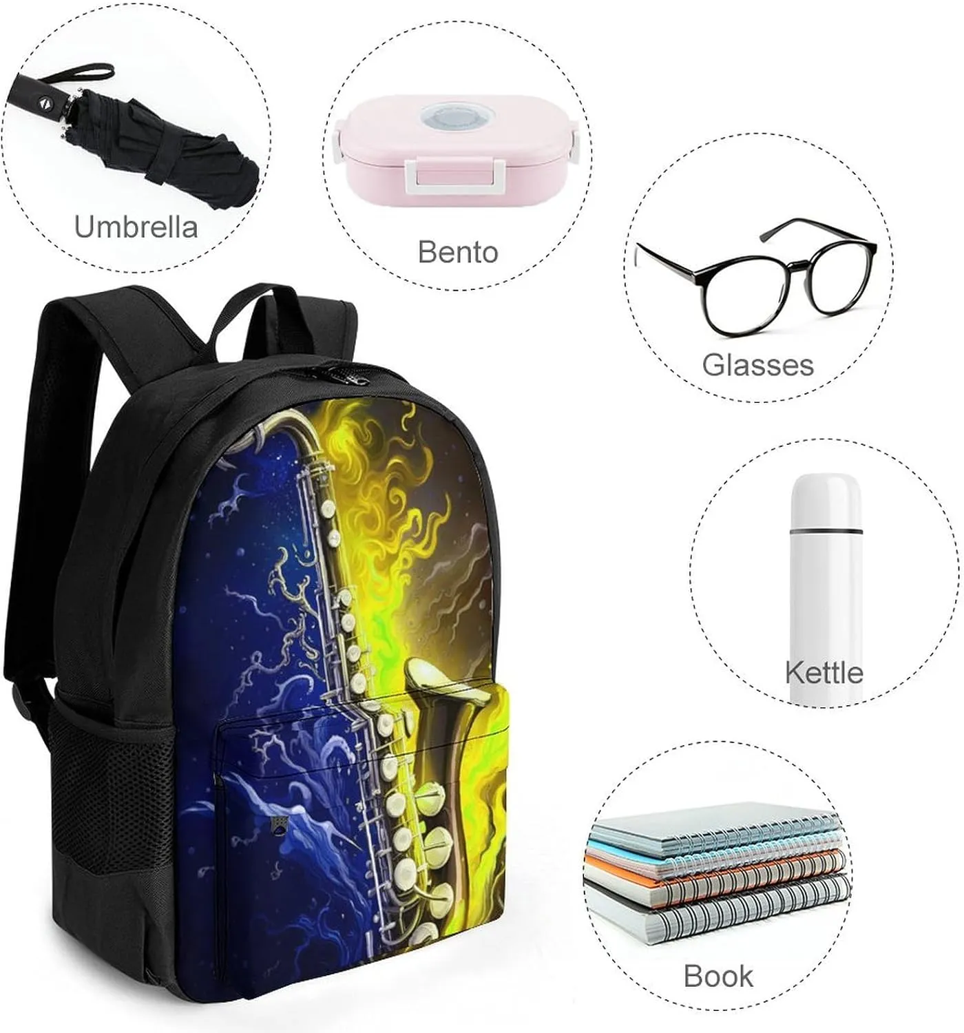 Polyester Daypack for Camping Travel Walking Cycling - Big Capacity Anti-Theft Multipurpose Bookbag, Saxophone In Fire And Water Art Camping Outdoor Backpack