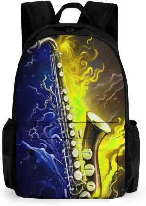 Polyester Daypack for Camping Travel Walking Cycling - Big Capacity Anti-Theft Multipurpose Bookbag, Saxophone In Fire And Water Art Camping Outdoor Backpack