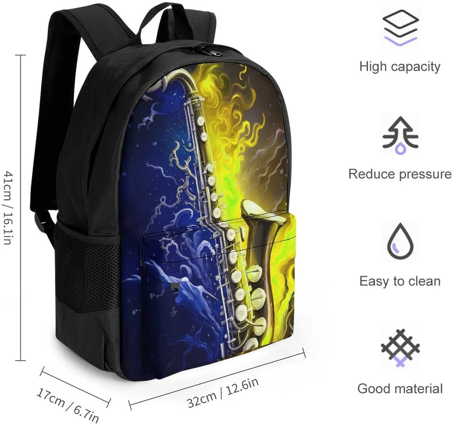 Polyester Daypack for Camping Travel Walking Cycling - Big Capacity Anti-Theft Multipurpose Bookbag, Saxophone In Fire And Water Art Camping Outdoor Backpack
