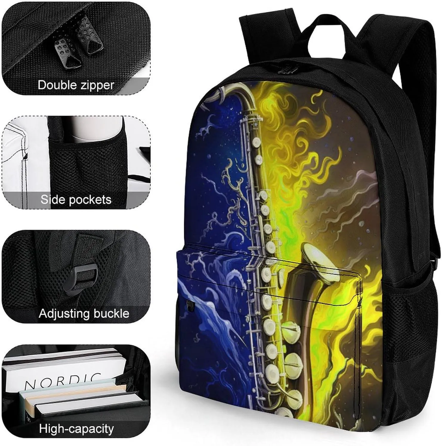 Polyester Daypack for Camping Travel Walking Cycling - Big Capacity Anti-Theft Multipurpose Bookbag, Saxophone In Fire And Water Art Camping Outdoor Backpack