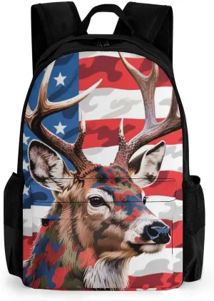 Polyester Daypack for Hiking Work Running - Big Capacity Anti-Theft Multipurpose Shoulder Bag, American Flag Camo Deer Camouflage Art Travel and Sport Backpack Rucksack