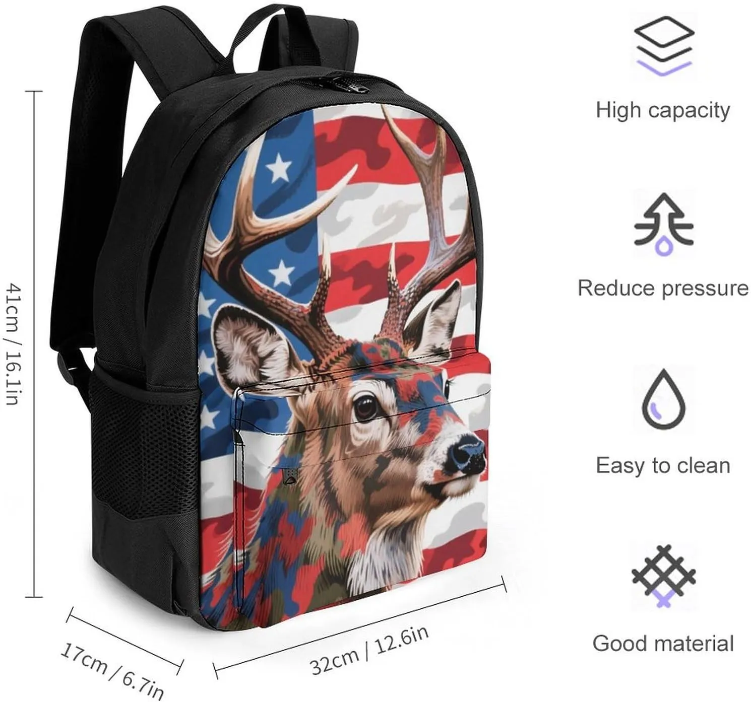 Polyester Daypack for Hiking Work Running - Big Capacity Anti-Theft Multipurpose Shoulder Bag, American Flag Camo Deer Camouflage Art Travel and Sport Backpack Rucksack