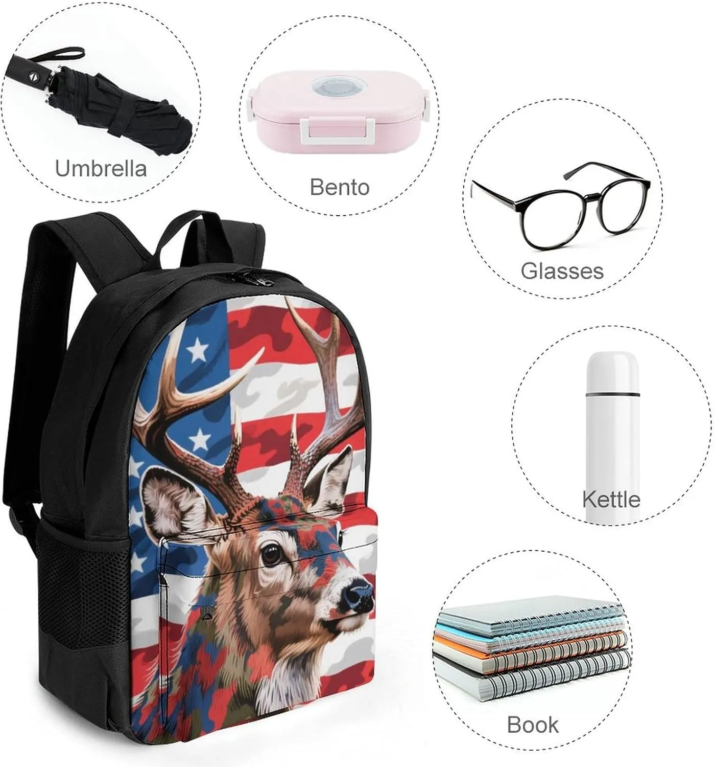 Polyester Daypack for Hiking Work Running - Big Capacity Anti-Theft Multipurpose Shoulder Bag, American Flag Camo Deer Camouflage Art Travel and Sport Backpack Rucksack
